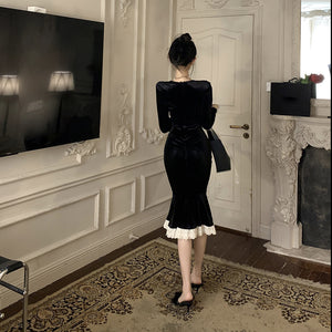 Style Elegant Black Velvet Dress Women's Autumn High-Grade Slim Fitted Long Skirt