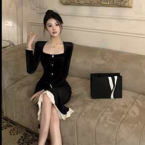 Style Elegant Black Velvet Dress Women's Autumn High-Grade Slim Fitted Long Skirt