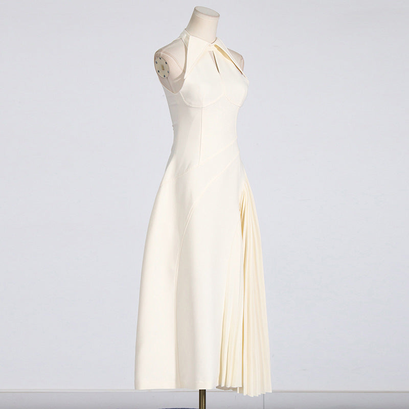 French Style Palace Dress with Lapel Hollow Design Sleeveless Waist-tightening Pleated Dress for Women Summer