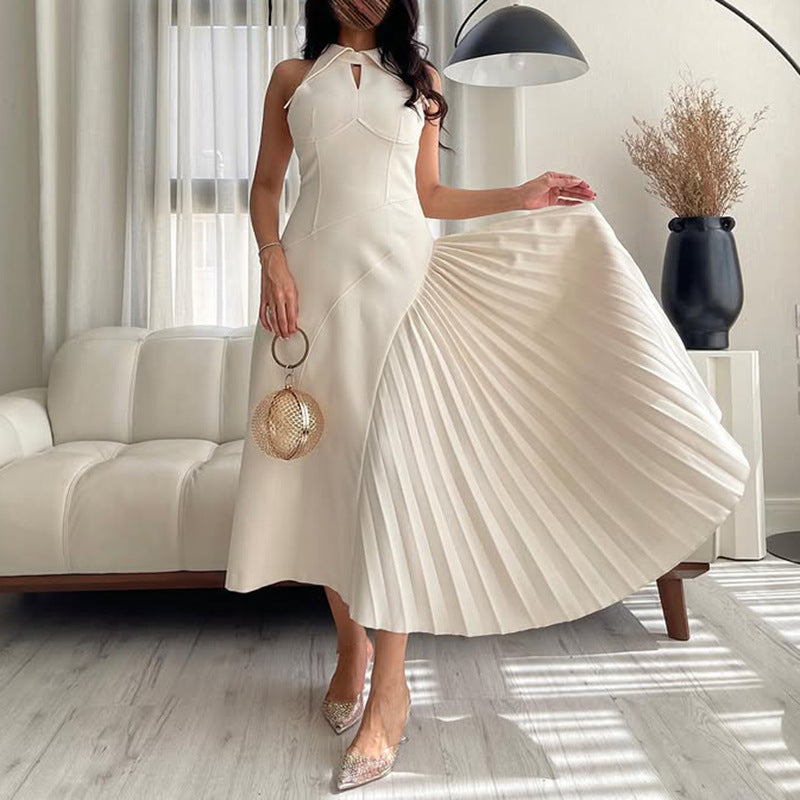 French Style Palace Dress with Lapel Hollow Design Sleeveless Waist-tightening Pleated Dress for Women Summer