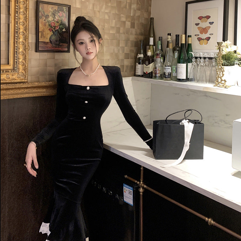 Style Elegant Black Velvet Dress Women's Autumn High-Grade Slim Fitted Long Skirt