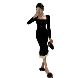 Style Elegant Black Velvet Dress Women's Autumn High-Grade Slim Fitted Long Skirt