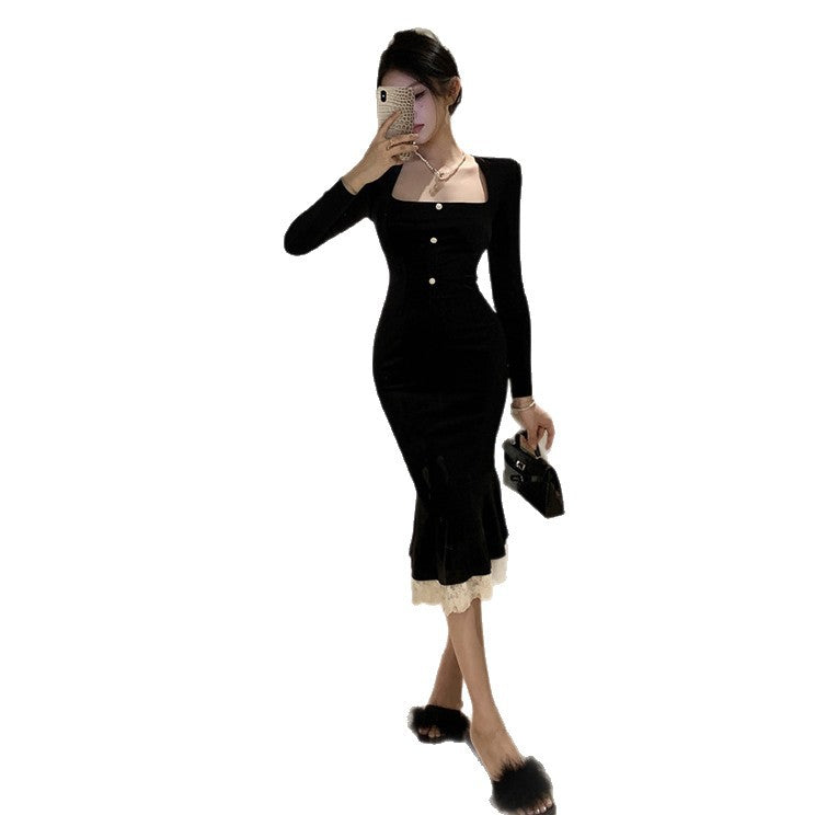 Style Elegant Black Velvet Dress Women's Autumn High-Grade Slim Fitted Long Skirt