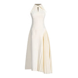 French Style Palace Dress with Lapel Hollow Design Sleeveless Waist-tightening Pleated Dress for Women Summer