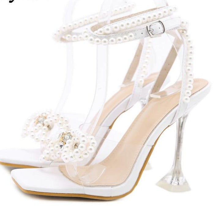 Women Gladiator Sandals shoes Sexy White String Bead high heels Sandals Summer Party Dress shoes Buckles pumps