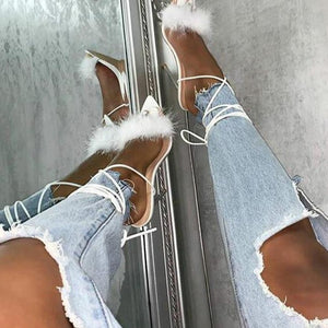 summer shoes woman pointed toe snake print high heels sexy feather women sandals ankle cross strap transparent clear heel