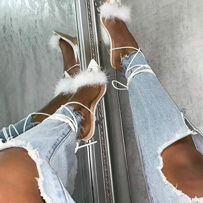 summer shoes woman pointed toe snake print high heels sexy feather women sandals ankle cross strap transparent clear heel