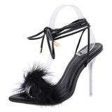 summer shoes woman pointed toe snake print high heels sexy feather women sandals ankle cross strap transparent clear heel