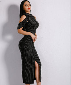 Celebrity Evening Party Dress Women Sexy Beadings Turtleneck Sleeveless Long Mid-Calf Dress Back Split Club Dress