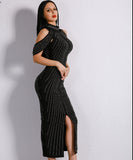 Celebrity Evening Party Dress Women Sexy Beadings Turtleneck Sleeveless Long Mid-Calf Dress Back Split Club Dress