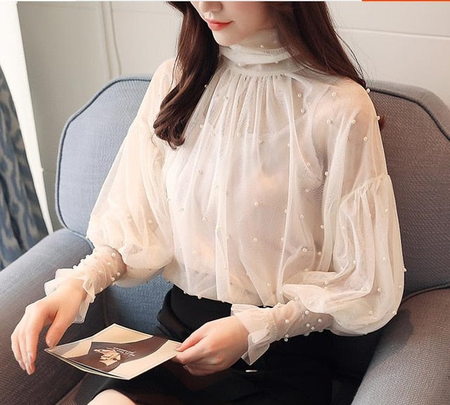 Plus Size 2XL Women Top Lantern Sleeve Blouse Beading Elegant Blouse Chiffon Pearl Shirt