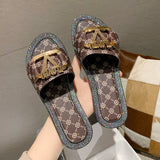 Women Sandals Summer Women Slippers Metal Button Letter Decoration Flat Beach Shoe Ladies Sandals Beach Shoes Casual Flip Flops