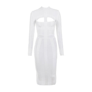 Women Bodycon Bandage Dress White Long Sleeve Hollow Out Club Dress Vestidos Celebrity Evening Party Midi Dress