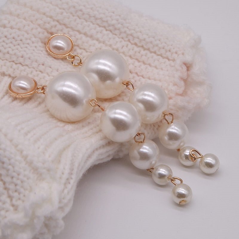 Trendy Elegant Created Big Simulated Pearl Long Earrings Pearls String Statement Drop Earrings For Wedding Party