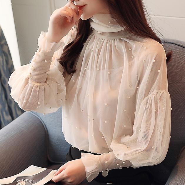 Plus Size 2XL Women Top Lantern Sleeve Blouse Beading Elegant Blouse Chiffon Pearl Shirt