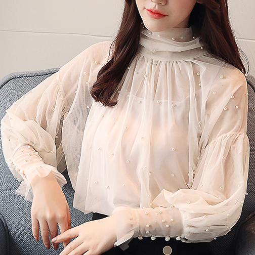 Plus Size 2XL Women Top Lantern Sleeve Blouse Beading Elegant Blouse Chiffon Pearl Shirt