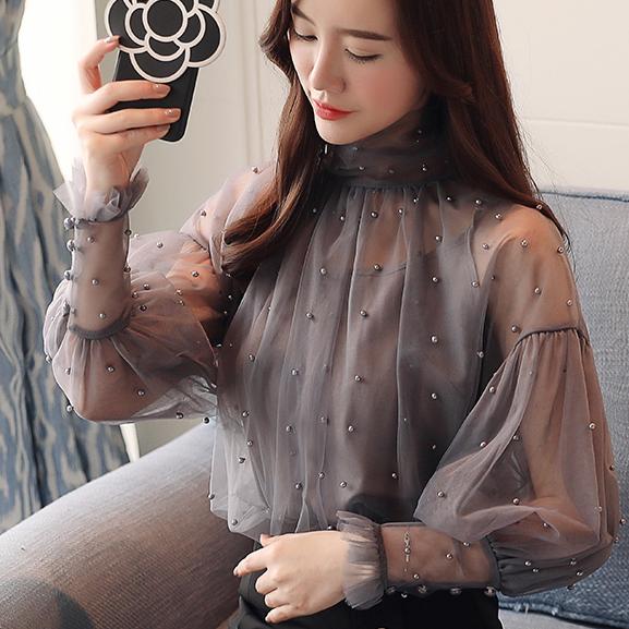 Plus Size 2XL Women Top Lantern Sleeve Blouse Beading Elegant Blouse Chiffon Pearl Shirt