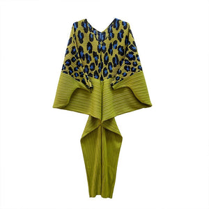 Miyake Pleated Leopard Print Color-Matching Dress Summer New Batwing Sleeve V-neck Plus Size Dress for Women Dress