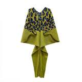 Miyake Pleated Leopard Print Color-Matching Dress Summer New Batwing Sleeve V-neck Plus Size Dress for Women Dress