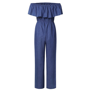 Denim Rompers Womens Jumpsuit Off Shoulder Ruffles Playsuit Plus Size Wide Leg Pants Summer Overalls