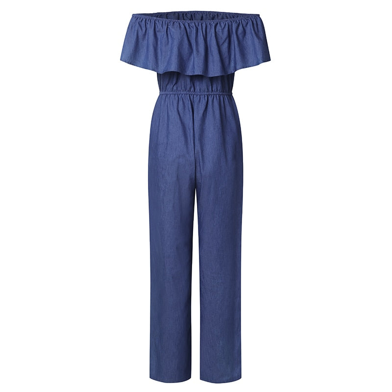Denim Rompers Womens Jumpsuit Off Shoulder Ruffles Playsuit Plus Size Wide Leg Pants Summer Overalls