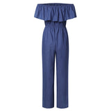 Denim Rompers Womens Jumpsuit Off Shoulder Ruffles Playsuit Plus Size Wide Leg Pants Summer Overalls