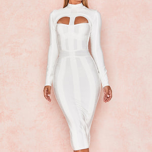 Women Bodycon Bandage Dress White Long Sleeve Hollow Out Club Dress Vestidos Celebrity Evening Party Midi Dress