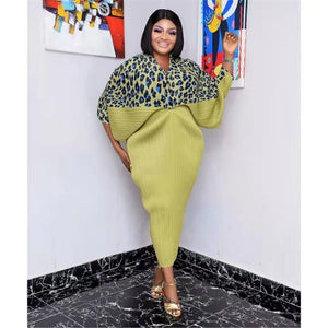 Miyake Pleated Leopard Print Color-Matching Dress Summer New Batwing Sleeve V-neck Plus Size Dress for Women Dress