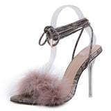 summer shoes woman pointed toe snake print high heels sexy feather women sandals ankle cross strap transparent clear heel