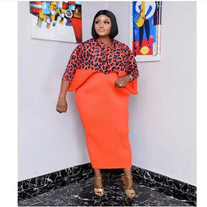 Miyake Pleated Leopard Print Color-Matching Dress Summer New Batwing Sleeve V-neck Plus Size Dress for Women Dress