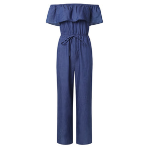 Denim Rompers Womens Jumpsuit Off Shoulder Ruffles Playsuit Plus Size Wide Leg Pants Summer Overalls