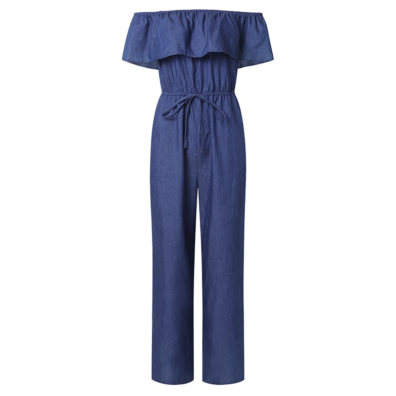 Denim Rompers Womens Jumpsuit Off Shoulder Ruffles Playsuit Plus Size Wide Leg Pants Summer Overalls