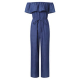 Denim Rompers Womens Jumpsuit Off Shoulder Ruffles Playsuit Plus Size Wide Leg Pants Summer Overalls