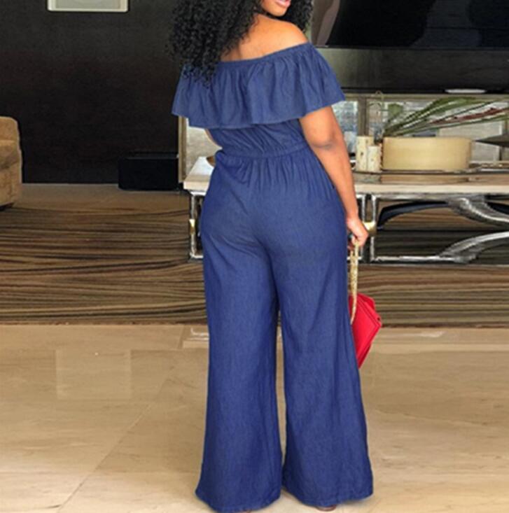 Denim Rompers Womens Jumpsuit Off Shoulder Ruffles Playsuit Plus Size Wide Leg Pants Summer Overalls