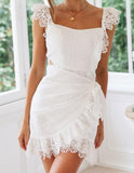 White Lace Backless Summer Dress Women Sexy Elegant Bodycon Party Dress Embroidery Hollow out Short Mini Dress