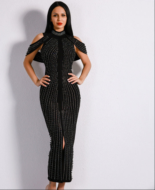 Celebrity Evening Party Dress Women Sexy Beadings Turtleneck Sleeveless Long Mid-Calf Dress Back Split Club Dress
