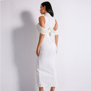 Celebrity Evening Party Dress Women Sexy Beadings Turtleneck Sleeveless Long Mid-Calf Dress Back Split Club Dress