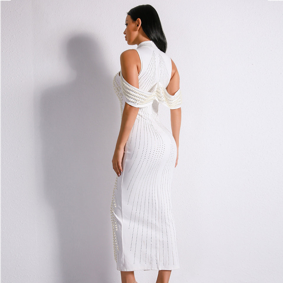 Celebrity Evening Party Dress Women Sexy Beadings Turtleneck Sleeveless Long Mid-Calf Dress Back Split Club Dress