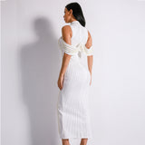 Celebrity Evening Party Dress Women Sexy Beadings Turtleneck Sleeveless Long Mid-Calf Dress Back Split Club Dress