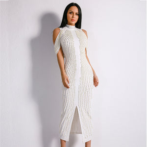 Celebrity Evening Party Dress Women Sexy Beadings Turtleneck Sleeveless Long Mid-Calf Dress Back Split Club Dress