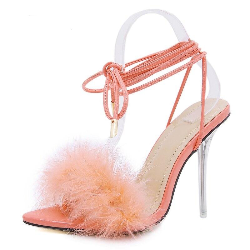 summer shoes woman pointed toe snake print high heels sexy feather women sandals ankle cross strap transparent clear heel
