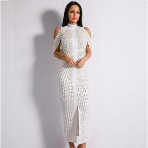 Celebrity Evening Party Dress Women Sexy Beadings Turtleneck Sleeveless Long Mid-Calf Dress Back Split Club Dress