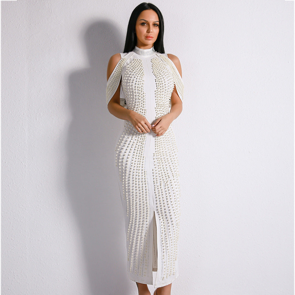 Celebrity Evening Party Dress Women Sexy Beadings Turtleneck Sleeveless Long Mid-Calf Dress Back Split Club Dress