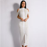 Celebrity Evening Party Dress Women Sexy Beadings Turtleneck Sleeveless Long Mid-Calf Dress Back Split Club Dress
