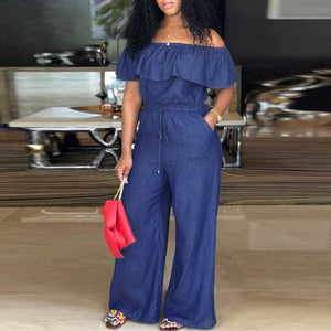 Denim Rompers Womens Jumpsuit Off Shoulder Ruffles Playsuit Plus Size Wide Leg Pants Summer Overalls