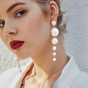 Trendy Elegant Created Big Simulated Pearl Long Earrings Pearls String Statement Drop Earrings For Wedding Party