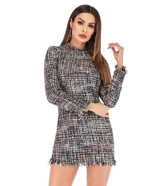 Spring Plaid Print Tassels Mini Dress Women Elegant Vintage Dress Long Sleeve Sheath Casual Dress Female Bodycon Dress