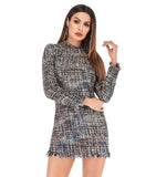 Spring Plaid Print Tassels Mini Dress Women Elegant Vintage Dress Long Sleeve Sheath Casual Dress Female Bodycon Dress