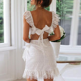 White Lace Backless Summer Dress Women Sexy Elegant Bodycon Party Dress Embroidery Hollow out Short Mini Dress