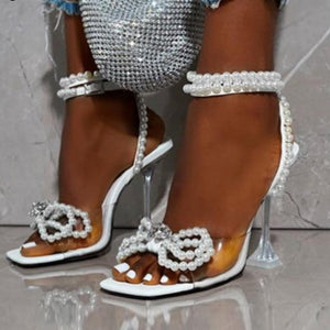 Women Gladiator Sandals shoes Sexy White String Bead high heels Sandals Summer Party Dress shoes Buckles pumps